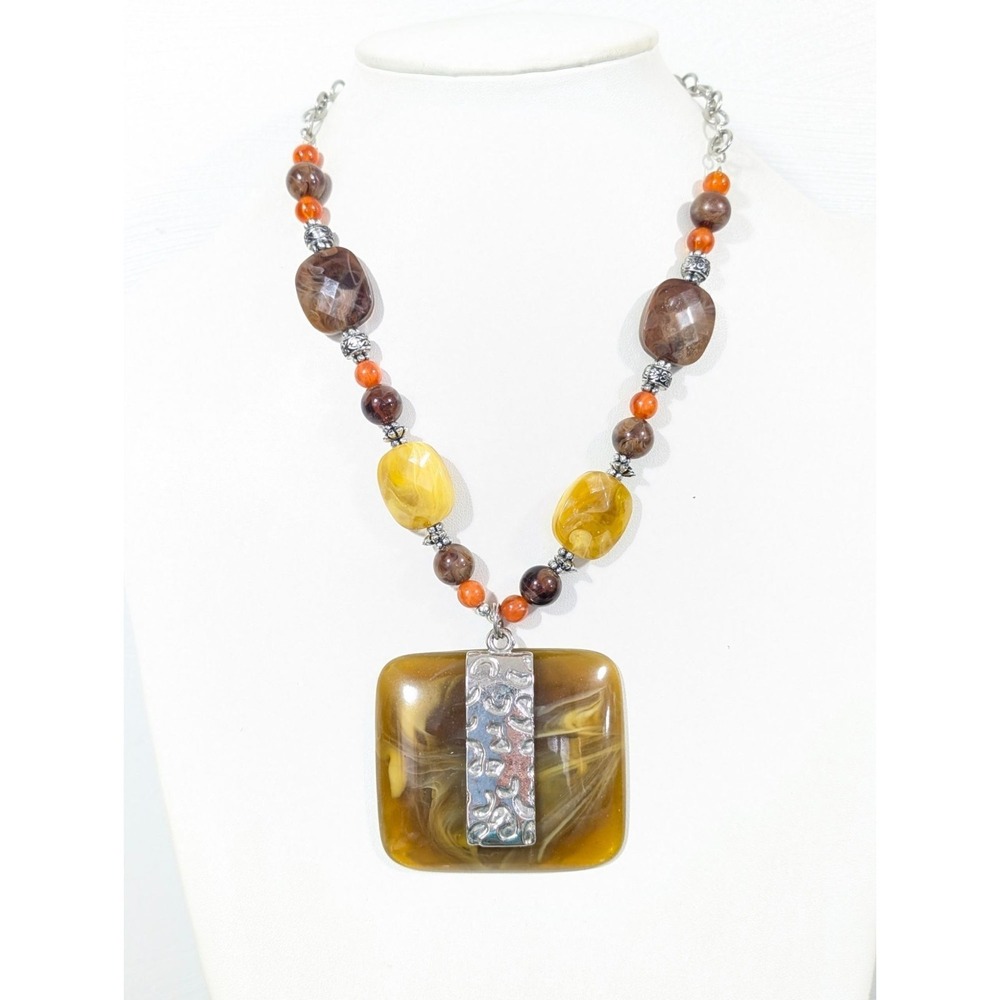 Boho Western Yellow Brown Chunky Statement Necklace Silver‎ Tone 22 in